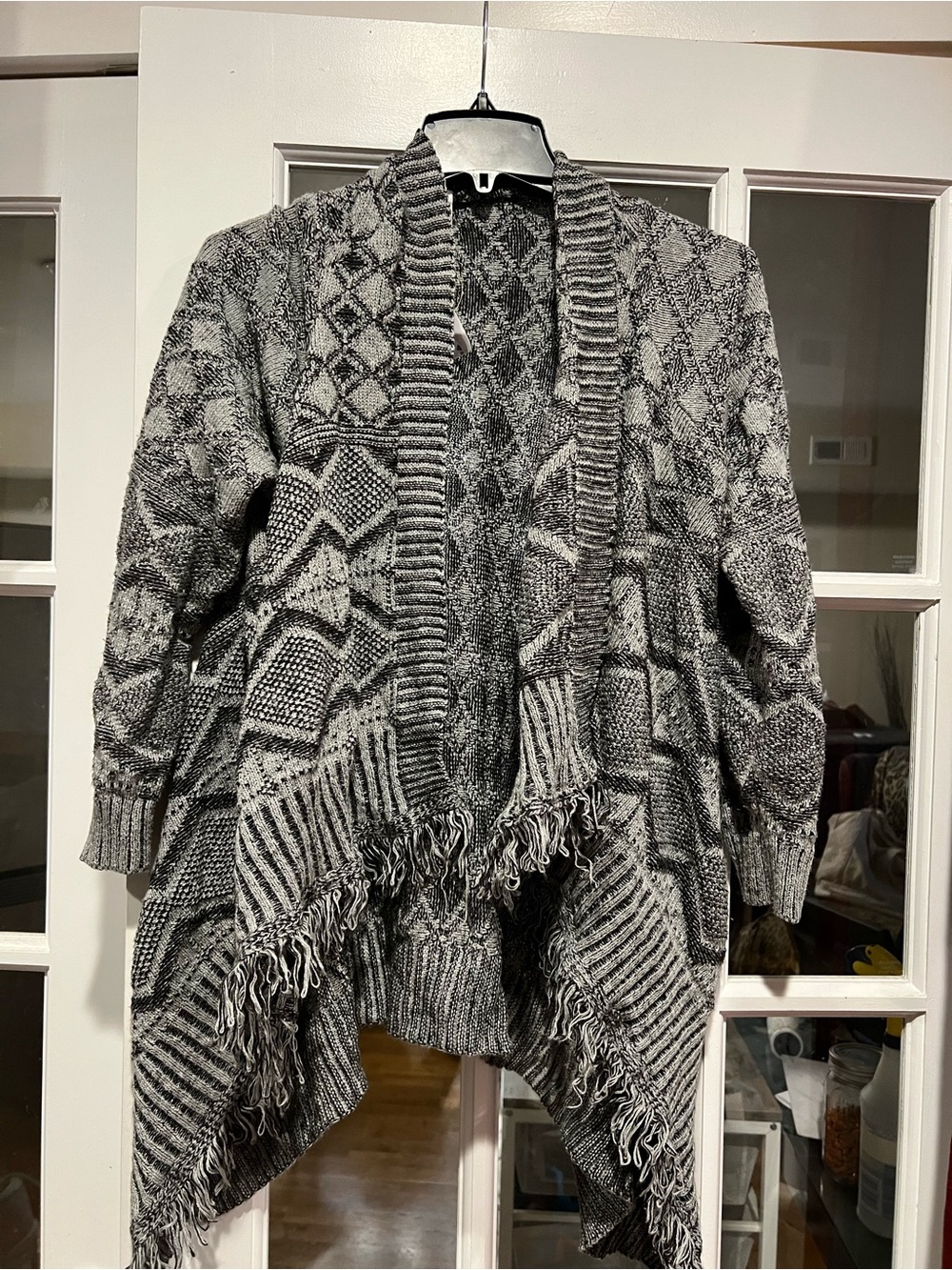 Poof! Black and Gray Fringe Open-Front Cardigan